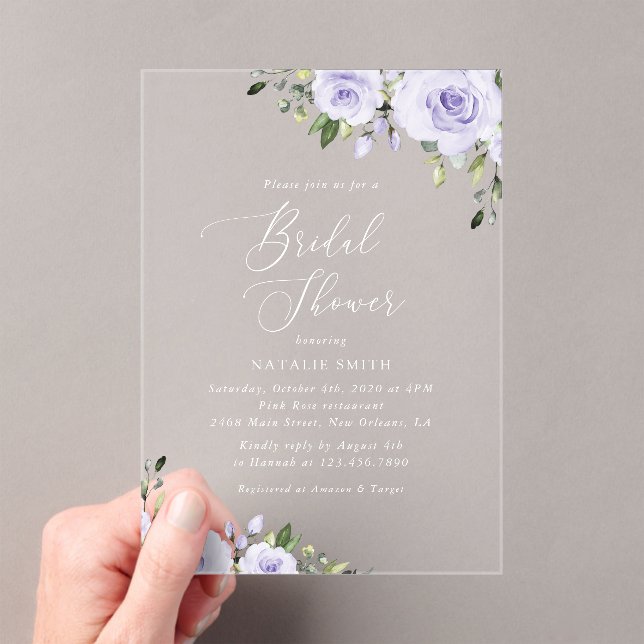 Purple Flowers, Lilac Flowers, Boho, Bridal Shower Acrylic Invitations (Insitu (Handheld))
