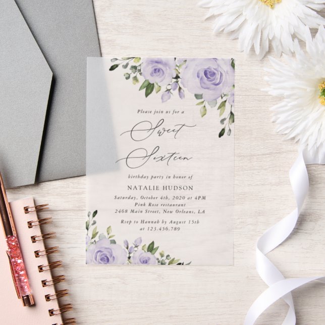 Purple Flowers, Lilac Flowers, Boho, Sweet 16 Vellum Invitations (Wedding)