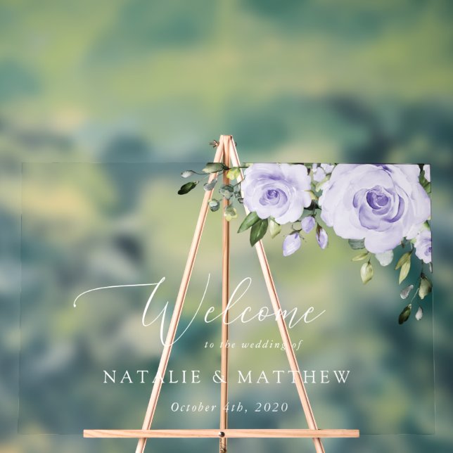 Purple Flowers, Lilac Flowers, Wedding Welcome Acrylic Sign (Neutral)