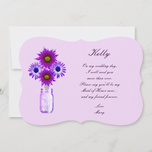 Purple Flowers Mason Jar Maid Of Honor Card (Front)