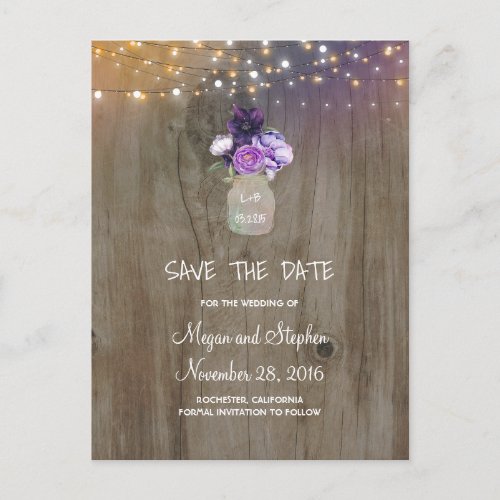 Purple Flowers Mason Jar Rustic Save the Date Announcement Postcard