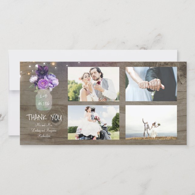 Purple Flowers Mason Jar Rustic Wedding Thank You Card (Front)