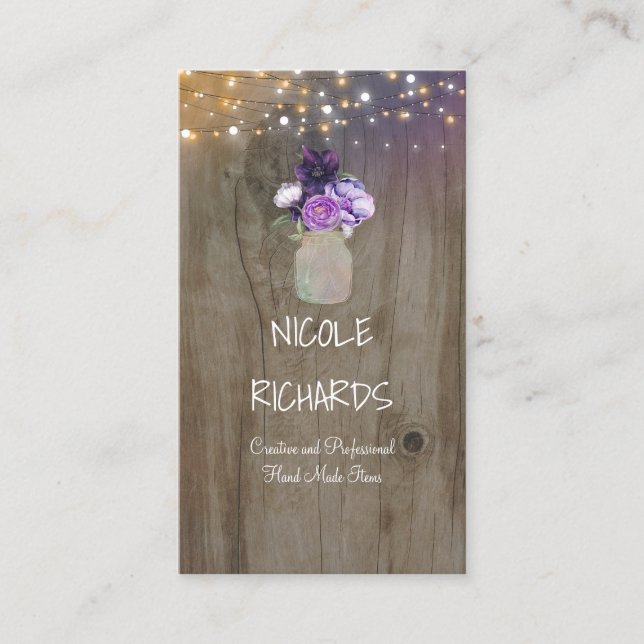 Purple Flowers Mason Jar Rustic Wood and Lights Business Card (Front)