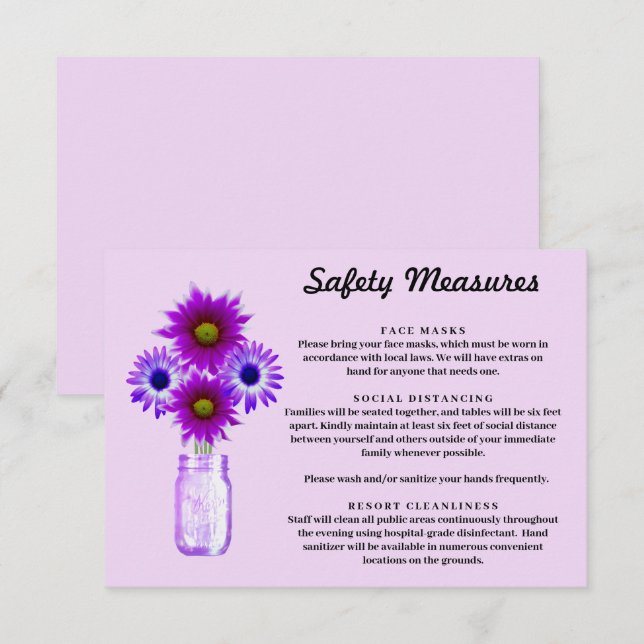 Purple Flowers Mason Jar Safety Measures Enclosure Card (Front/Back)
