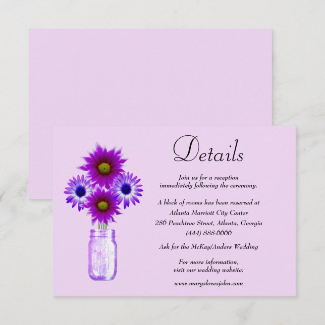 Purple Flowers Mason Jar Wedding Details Enclosure Card (Front/Back)