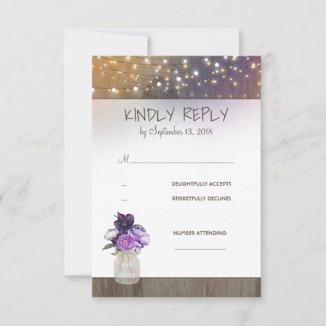 Purple Flowers Mason Jar Wedding RSVP Card (Front)