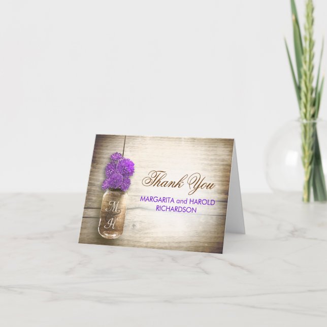 Purple flowers mason jar wedding thank you cards (Front)