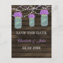 Purple Flowers Mason Jars Barn Wood Wedding Announcement Postcard