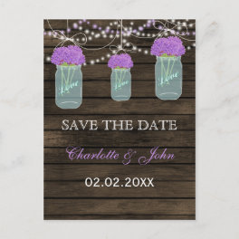 Purple Flowers Mason Jars Barn Wood Wedding Announcement Postcard