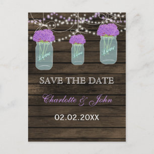Purple Flowers Mason Jars Barn Wood Wedding Announcement Postcard
