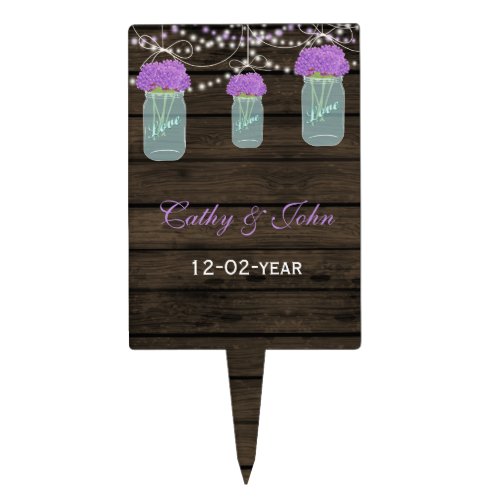 Purple Flowers Mason Jars Barn Wood Wedding Cake Topper