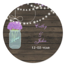 Purple Flowers Mason Jars Barn Wood Wedding Classic Round Sticker