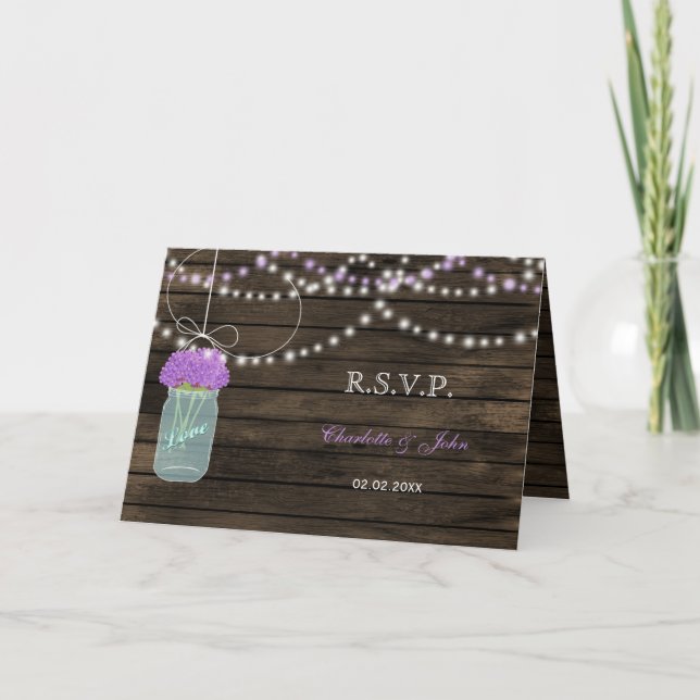 Purple Flowers Mason Jars Barn Wood Wedding Invitation (Front)