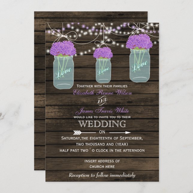 Purple Flowers Mason Jars Barn Wood Wedding Invitation (Front/Back)