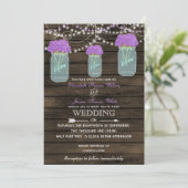 Purple Flowers Mason Jars Barn Wood Wedding Invitation (Standing Front)