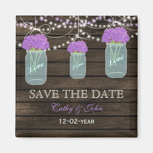 Purple Flowers Mason Jars Barn Wood Wedding Magnet (Front)