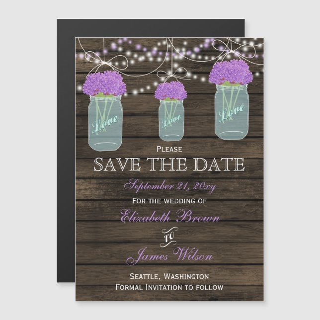 Purple Flowers Mason Jars Barn Wood Wedding Magnetic Invitation (Front/Back)