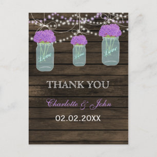 Purple Flowers Mason Jars Barn Wood Wedding Postcard