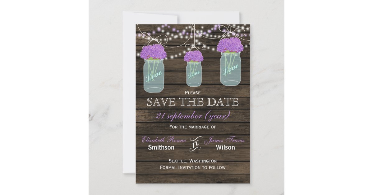 Purple Flowers Mason Jars Barn Wood Wedding Save The Date