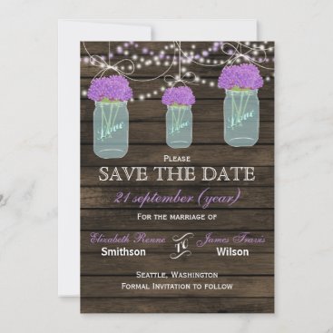 Purple Flowers Mason Jars Barn Wood Wedding Save The Date