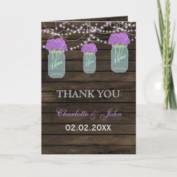 Purple Flowers Mason Jars Barn Wood Wedding Thank You Card