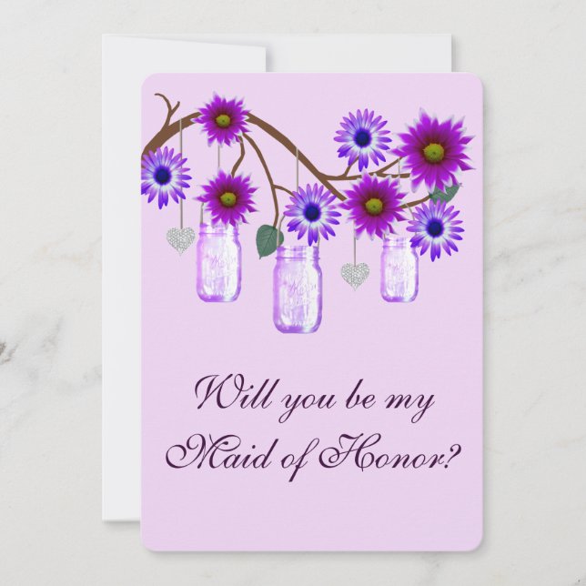 Purple Flowers Mason Jars Maid Of Honor Card (Front)