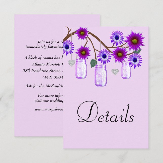 Purple Flowers Mason Jars Wedding Details Enclosure Card (Front/Back)