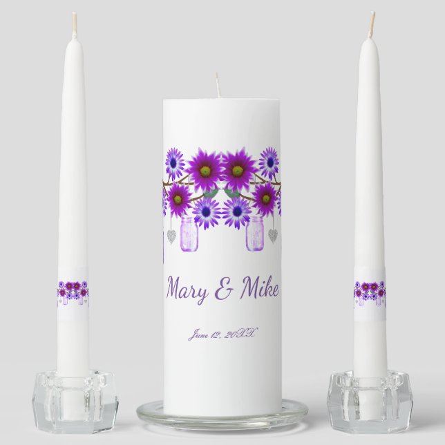 Purple Flowers Mason Jars Wedding Unity Candle Set (Front)