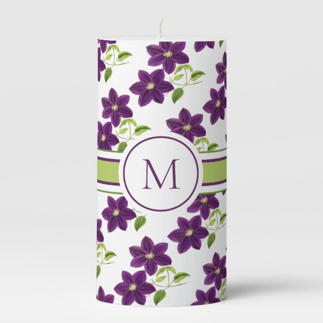Purple Flowers Monogrammed Pillar Candle (Front)