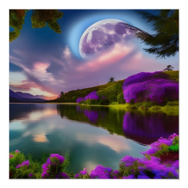 Purple flowers Moon and lake reflection  Poster (Front)