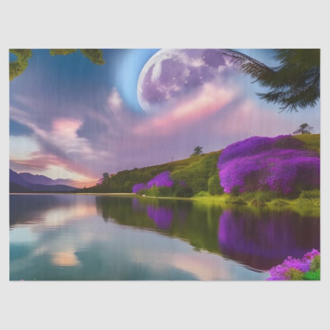 Purple flowers Moon and lake reflection  Tissue Paper (Front)