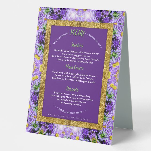 Purple Flowers Nature Geometry Special Event Menu Table Tent (Front)