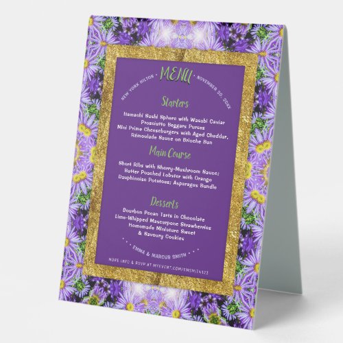 Purple Flowers Nature Geometry Special Event Menu Table Tent Sign