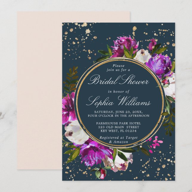 Purple Flowers & Navy Blue Bridal Shower Invitation (Front/Back)
