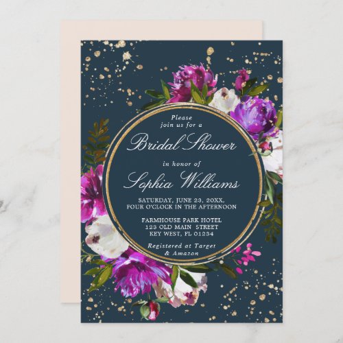 Purple Flowers  Navy Blue Bridal Shower Invitation