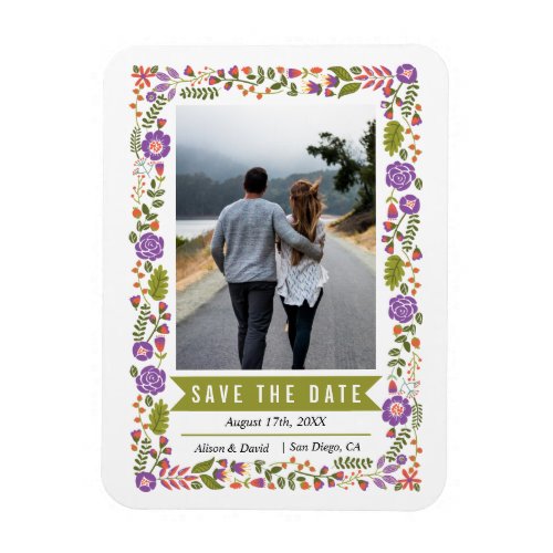 Purple flowers olive green wedding Save the Date Magnet