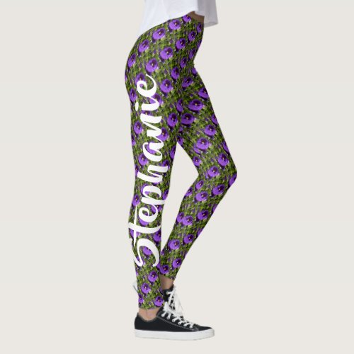 Purple Flowers on Green Personalized Name Leggings