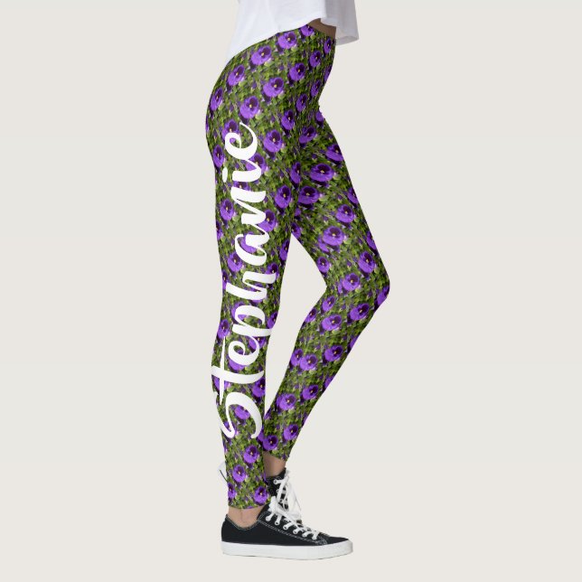 Purple Flowers on Green, Personalized Name Leggings (Right)