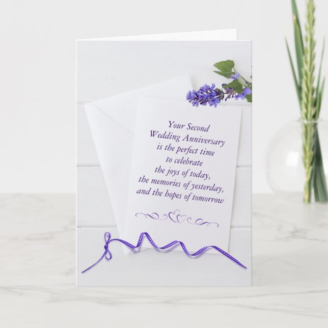 Purple Flowers On White Wood for 2nd Anniversary  Card (Front)