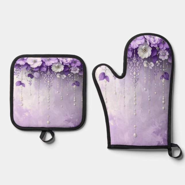 Purple Flowers Oven Mitt & Pot Holder Set (Front)