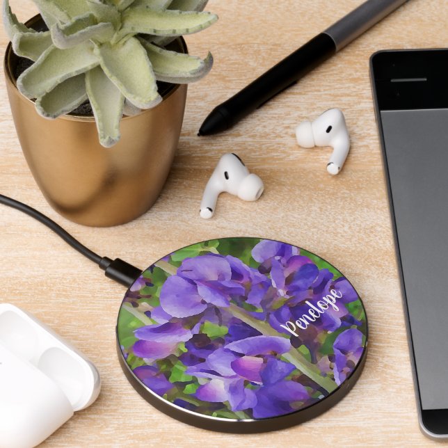 Purple Flowers Painting with Your Name  Wireless Charger (Desk 2)