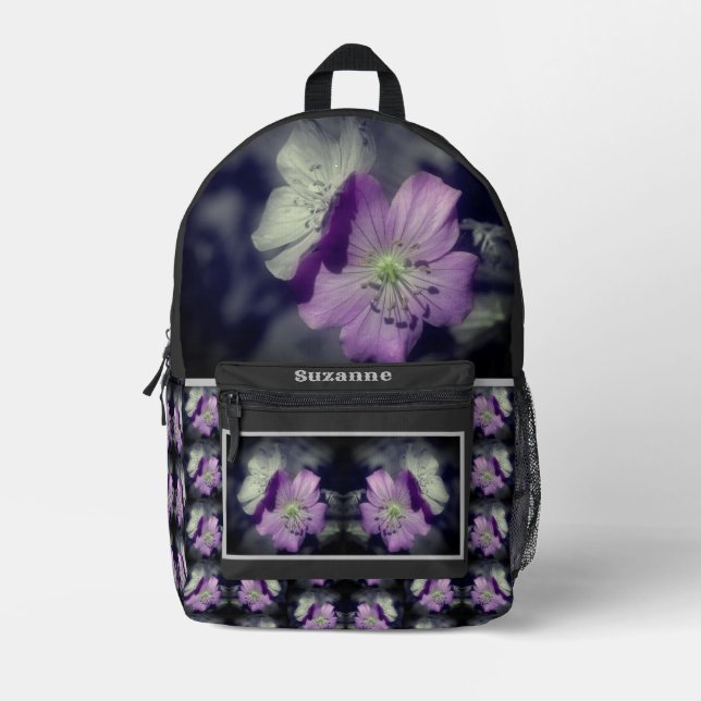 Purple Flowers Partial Color Personalized Printed Backpack (Front)