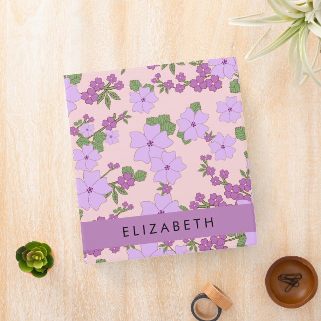 Purple Flowers, Pattern Of Flowers, Your Name 3 Ring Binder (In Situ)