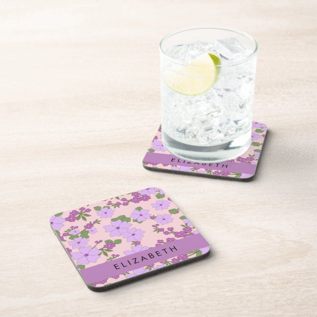 Purple Flowers, Pattern Of Flowers, Your Name Beverage Coaster (Right Side)
