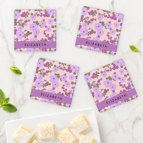 Purple Flowers Pattern Of Flowers Your Name Coaster Set