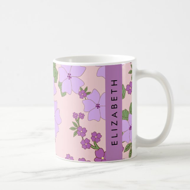 Purple Flowers, Pattern Of Flowers, Your Name Coffee Mug (Right)