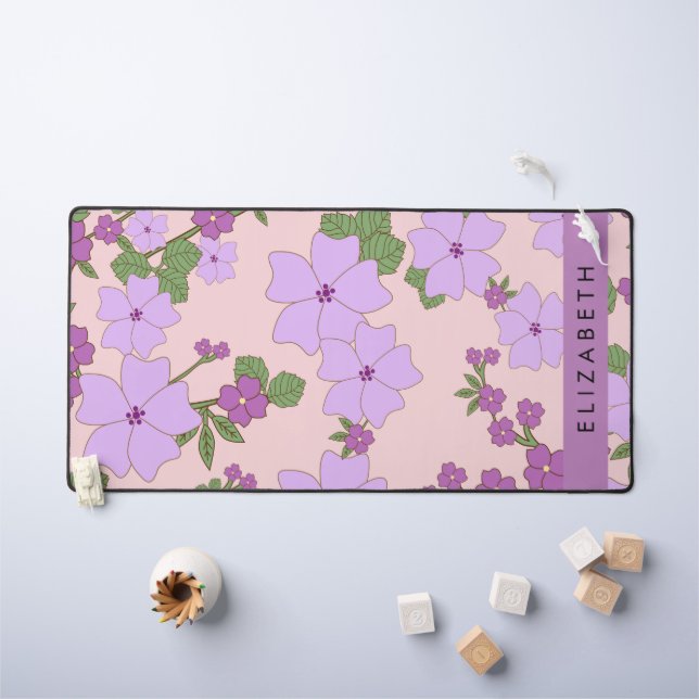 Purple Flowers, Pattern Of Flowers, Your Name Desk Mat (Kids Table)