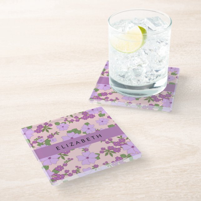 Purple Flowers, Pattern Of Flowers, Your Name Glass Coaster (Angled)