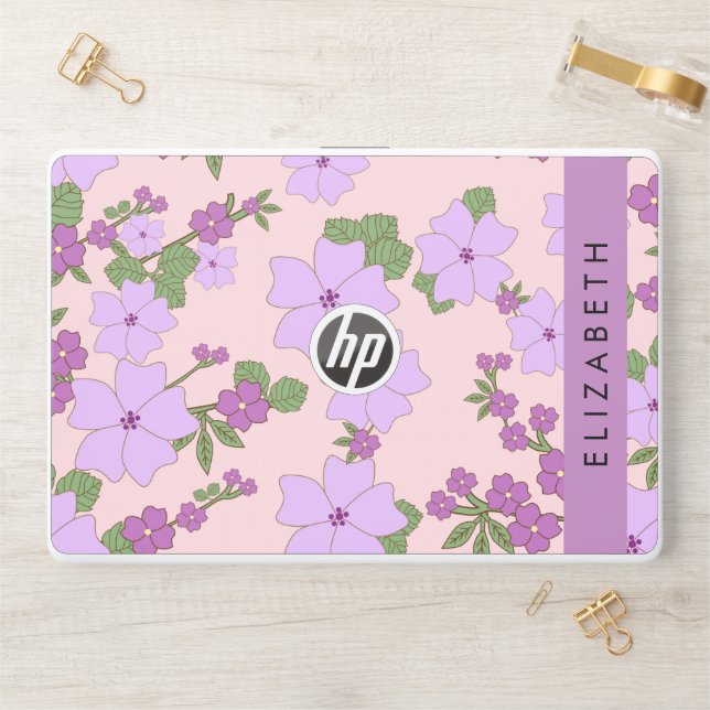 Purple Flowers, Pattern Of Flowers, Your Name HP Laptop Skin (Desk)