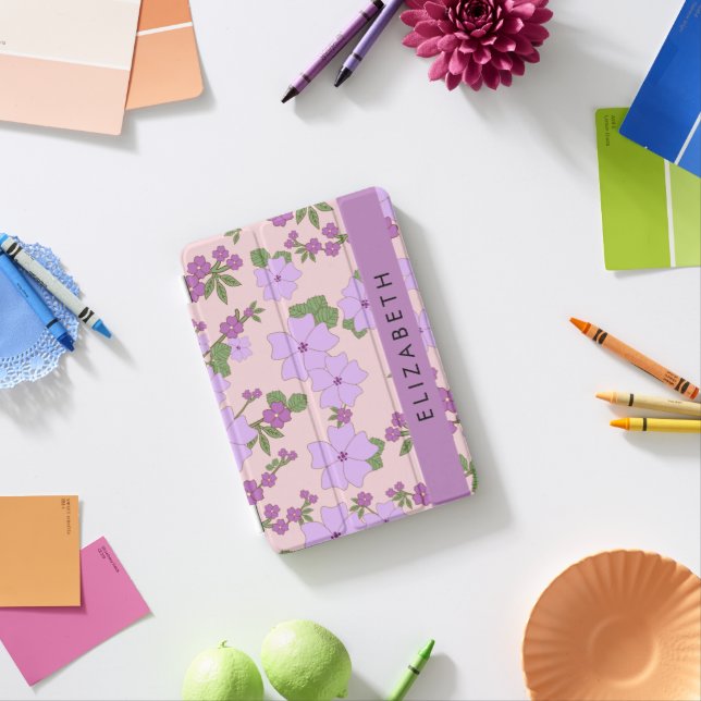 Purple Flowers, Pattern Of Flowers, Your Name iPad Mini Cover (In Situ)